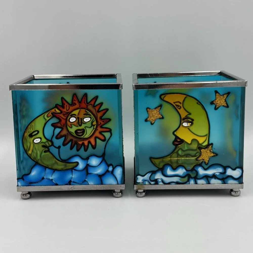 VINTAGE CELESTIAL SUN & MOON VOTIVE BURNERS CANDLE HOLDERS LOT OF 2